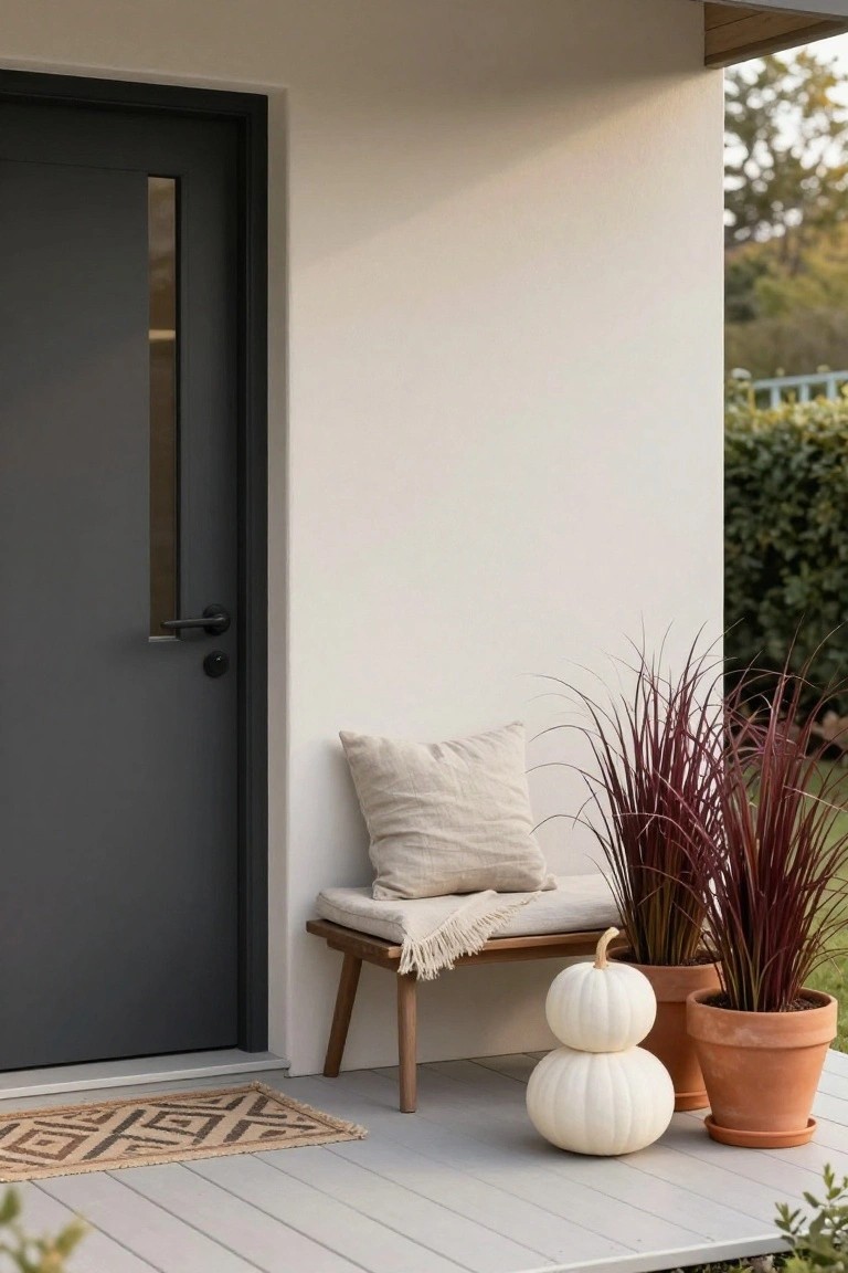 Gray front door with vertical window on white wall, narrow wooden bench with cream pillow and fringed throw, tall potted red grasses, and two stacked white pumpkins on gray deck with geometric doormat.