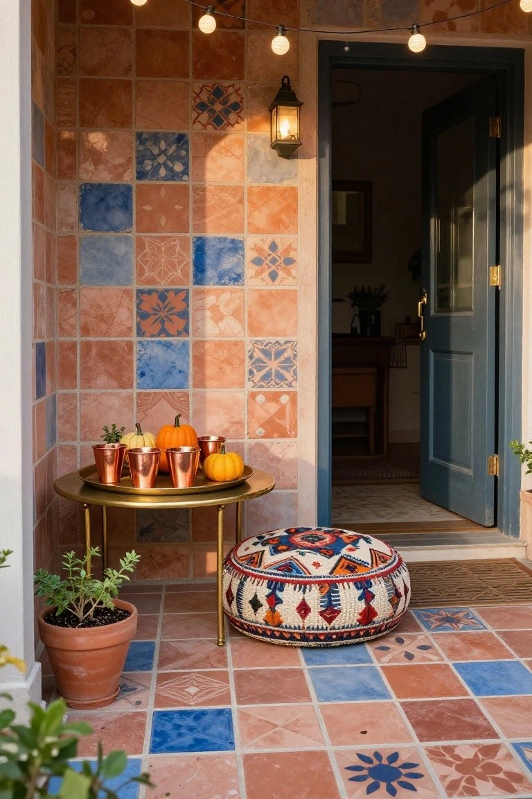 Front porch featuring colorful patterned tile floor and walls, open dark blue door, low brass table with tray holding small pumpkins in copper mugs, terracotta pot with plant, and patterned pouf stool.