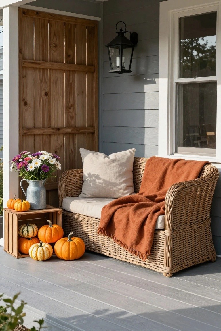 Cozy wicker porch bench with orange blanket, pumpkins, and autumn flowers.