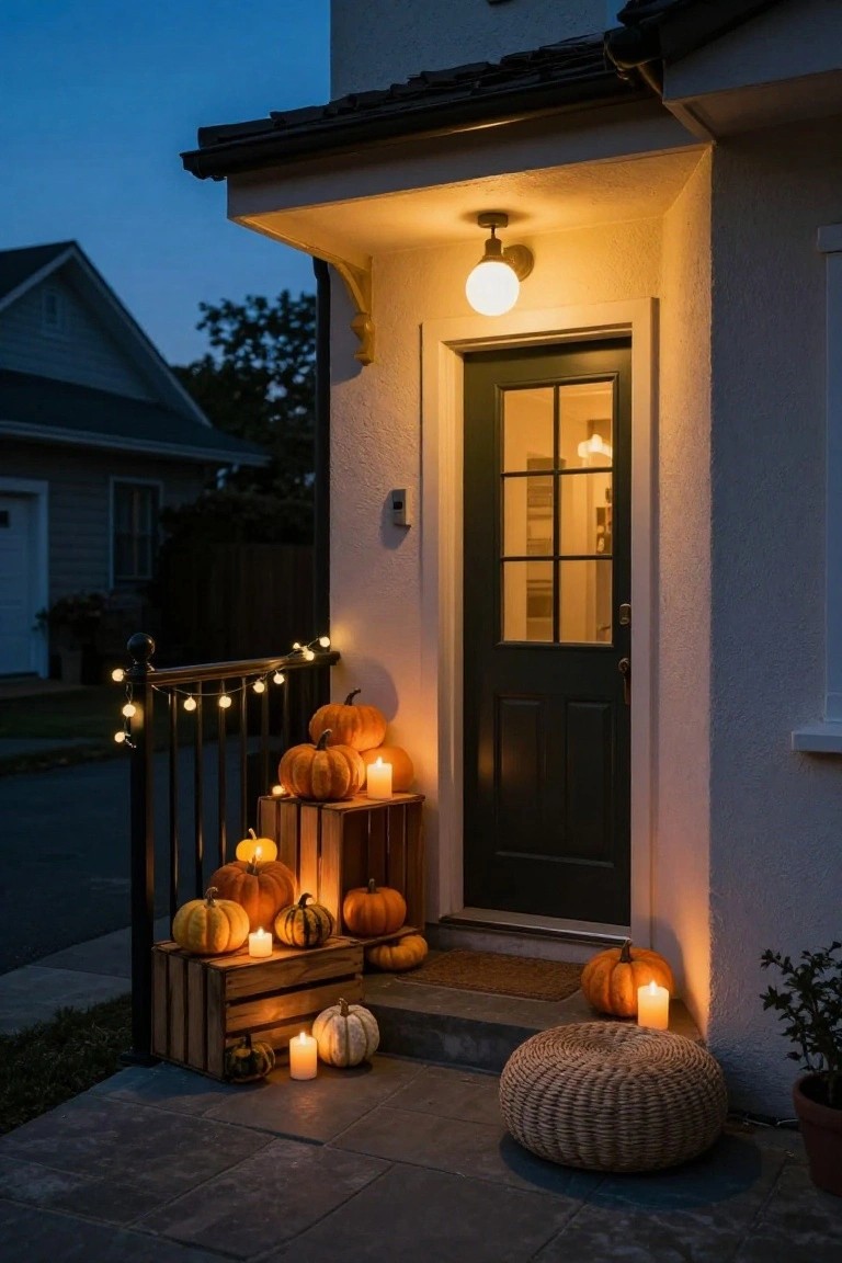 Small front porch at dusk with stacked wooden crates displaying pumpkins and candles beside steps, string lights on black metal railing, large pumpkin and candle on landing next to woven pouf stool, dark green front door with glass panels, stucco house exterior, lit wall sconce above.
