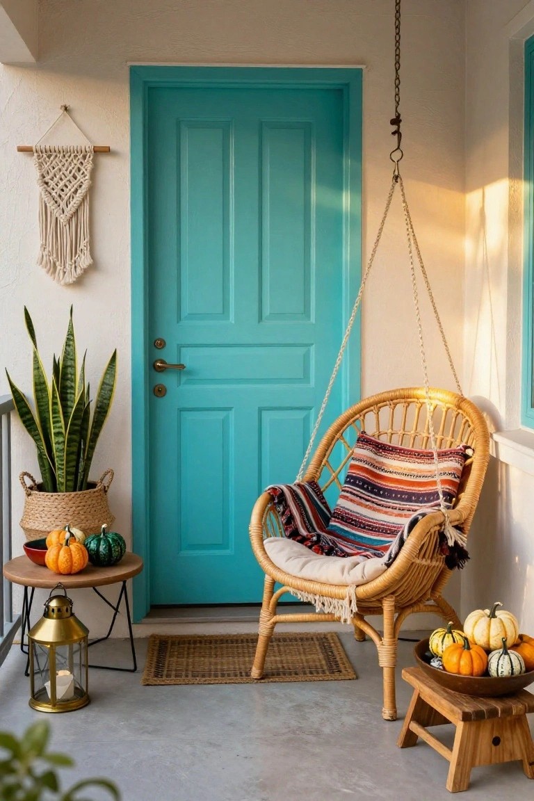 Small front porch with turquoise paneled door, hanging rattan egg chair draped in multicolored striped blanket, potted snake plant, pumpkins on wooden side table and stool, brass lantern, and woven door mat.