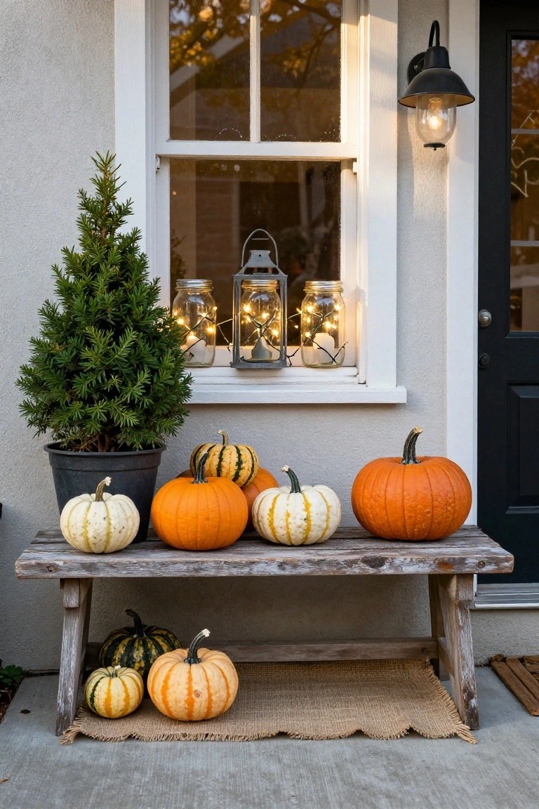 Weathered wooden bench on a small front porch holds various pumpkins in orange, white, striped, and green patterns, with a potted small evergreen tree nearby, mason jar lanterns lit in the window sill, and a black front door.