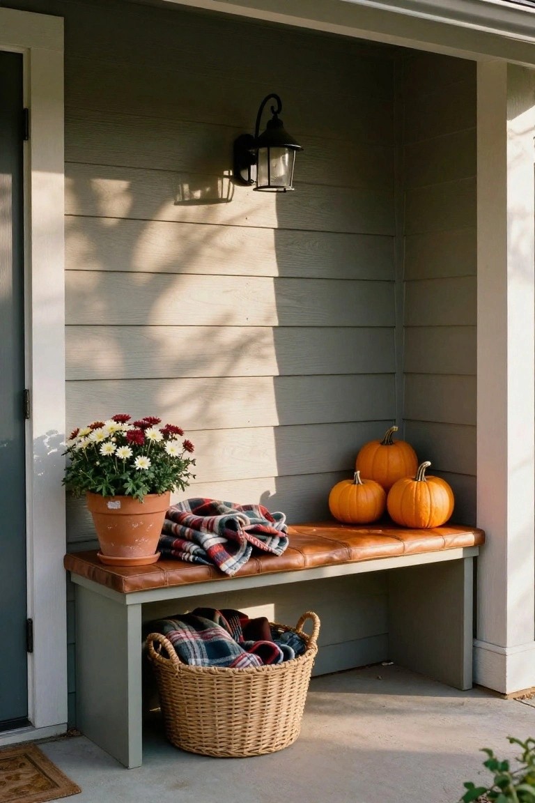 Gray shiplap porch wall with a leather-topped wooden bench holding stacked orange pumpkins and a draped plaid blanket, a terracotta pot of mum flowers beside it, a wicker basket below the bench, and a lantern light fixture mounted on the wall next to a dark front door.