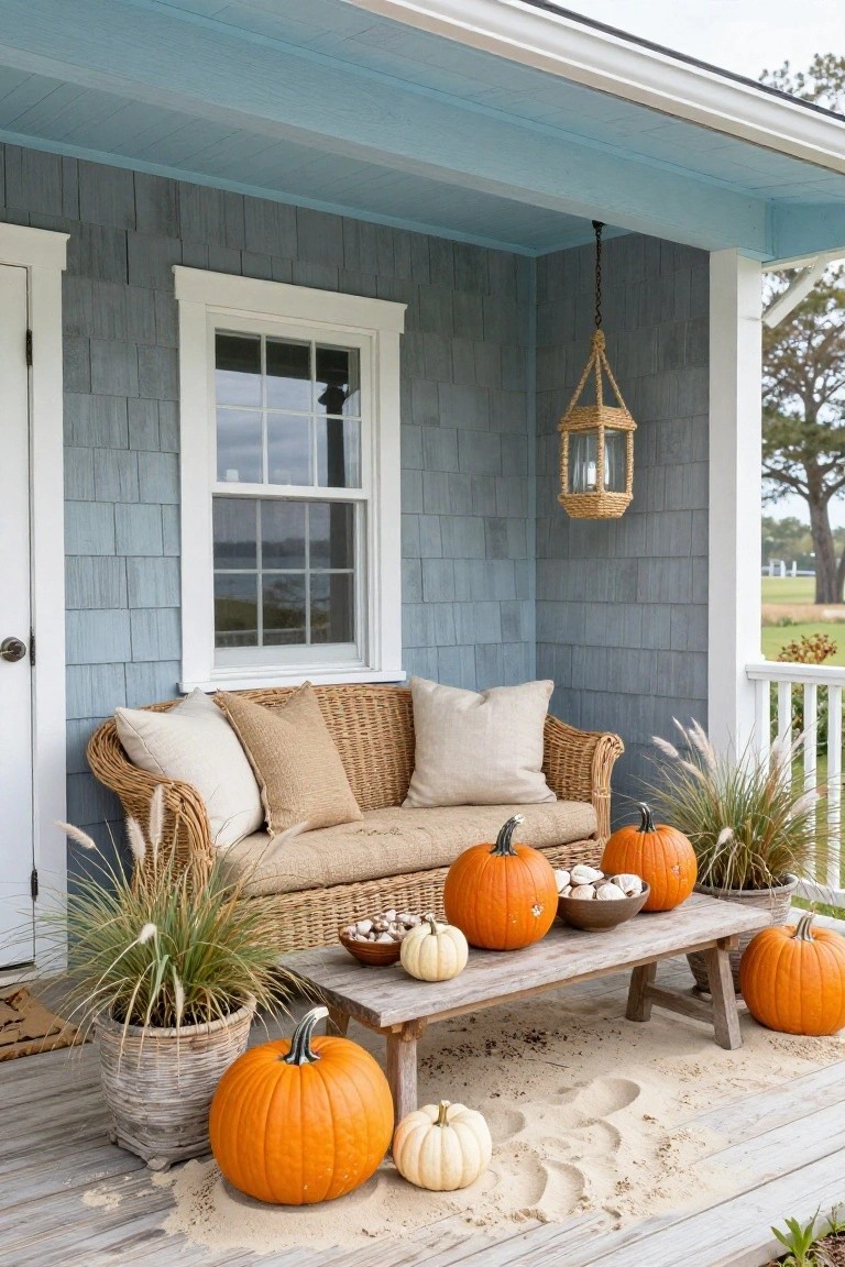 Blue shingled house front porch with wicker loveseat holding beige pillows, low wooden table topped with orange and white pumpkins plus shells, potted pampas grass plants, hanging lantern, and scattered pumpkins on sandy deck boards.