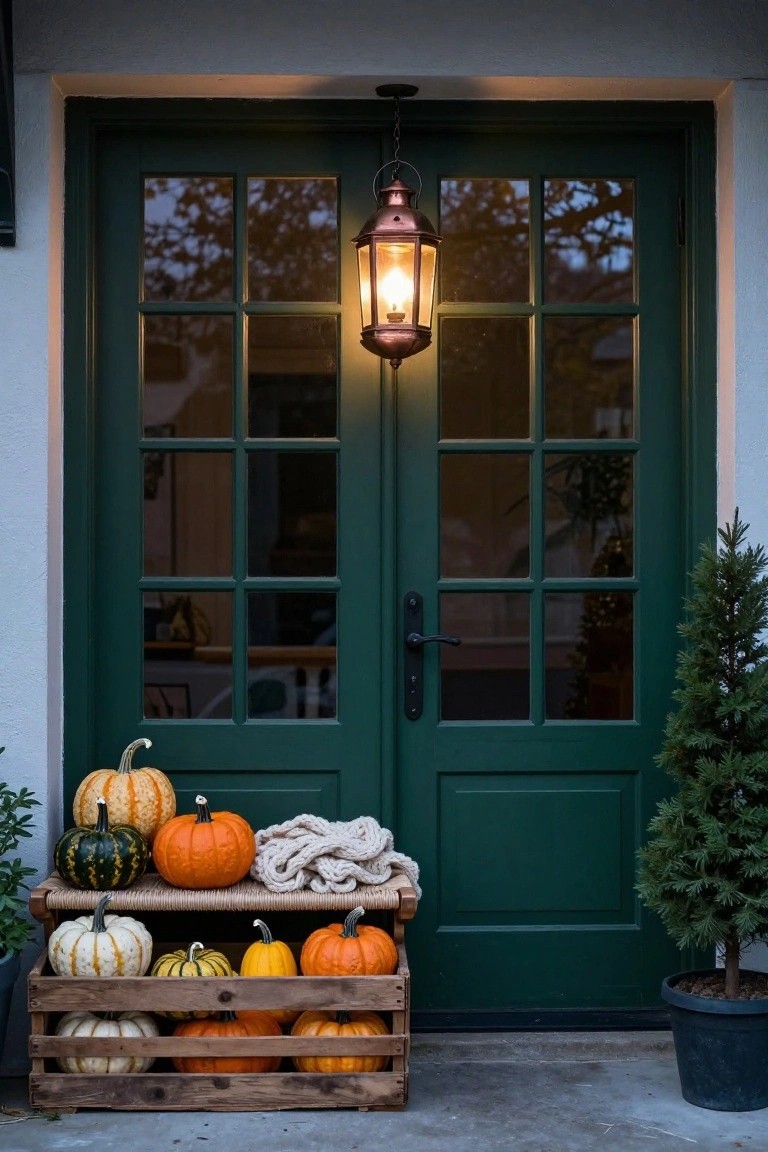 Green double doors with pumpkins, wooden crates, lantern, and small evergreen tree.