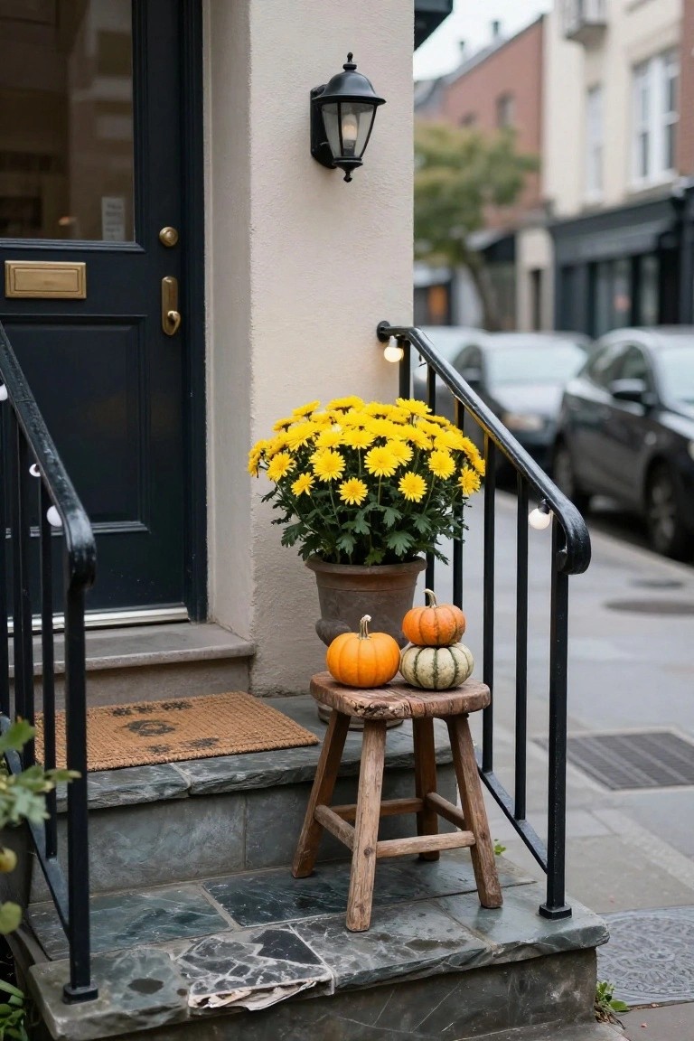 Yellow mums and pumpkins on wooden stool by black door.