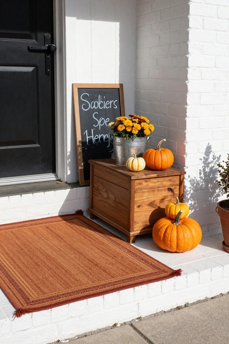 White brick house front porch with black door, framed chalkboard sign reading Sabiers Spe Henry's, wooden crate holding galvanized bucket of yellow mums and small pumpkins, larger pumpkins nearby, woven orange rug, and potted plants.