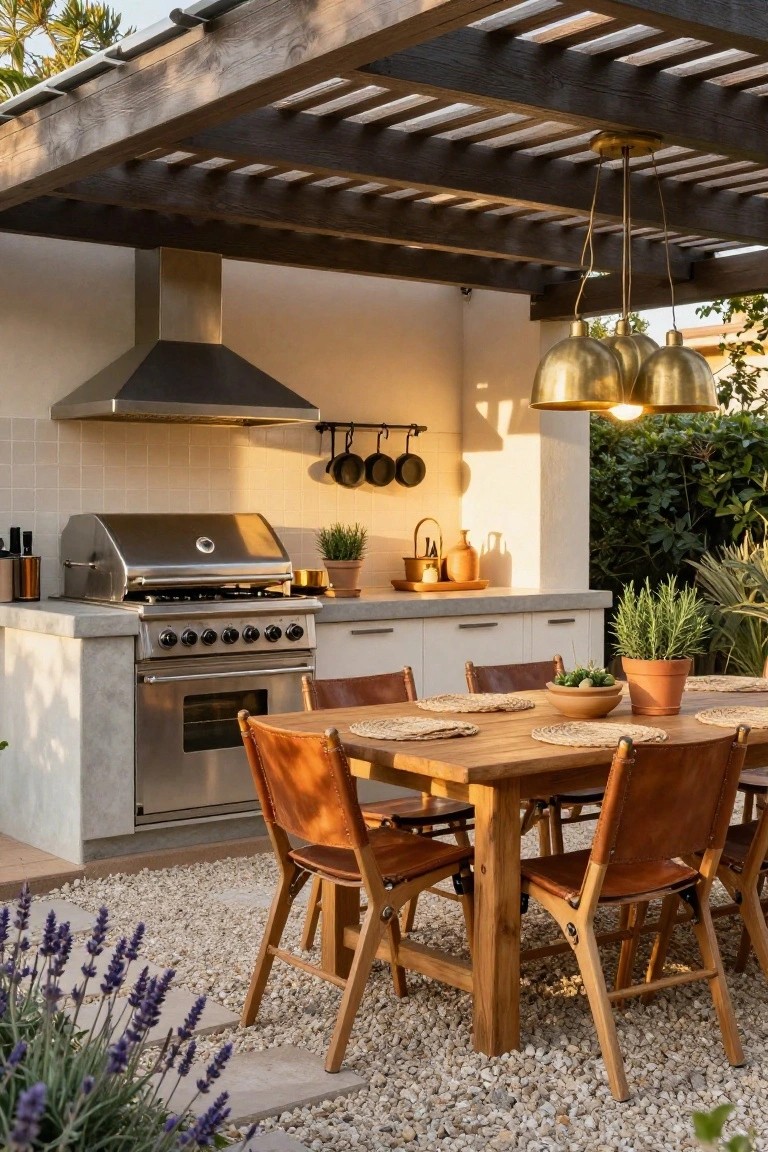 Outdoor kitchen featuring stainless steel grill and oven on concrete counters under wooden pergola, with wooden dining table, leather chairs, hanging pots, and gravel ground with plants.