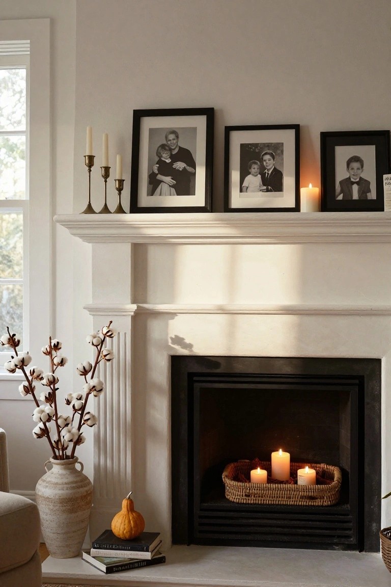 White fireplace mantel in a light room displaying black-framed family photos, brass candelabras with candles, and a tall vase of cotton bolls next to the firebox holding more candles in a woven basket, with books and a small pumpkin on the hearth.