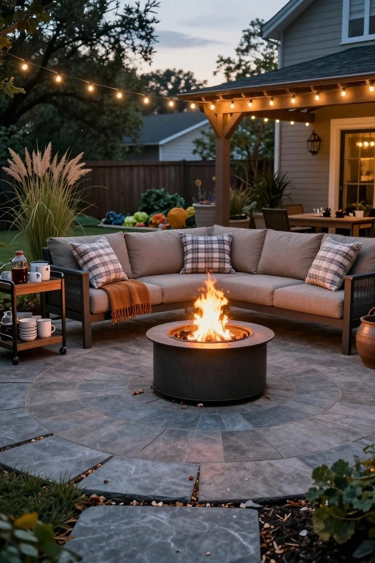 Backyard patio featuring a circular gray fire pit with flames, surrounded by a beige L-shaped outdoor sectional sofa with plaid pillows and a throw blanket, a wooden serving cart nearby, potted plants, pumpkins, string lights, and a house visible in the background at dusk.
