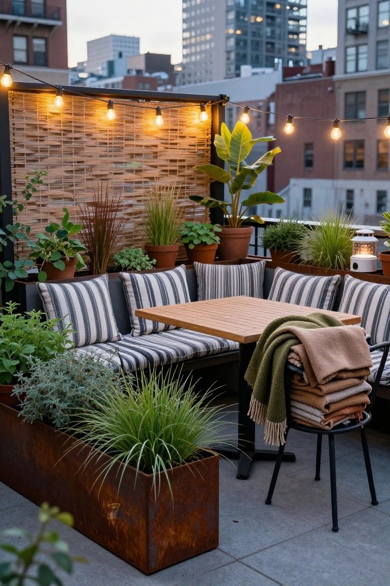 Rooftop terrace with L-shaped bench seating in black and white stripes around a square wooden table, potted plants in metal boxes, string lights, a lantern, and stacked blankets on a chair against an urban skyline at dusk.