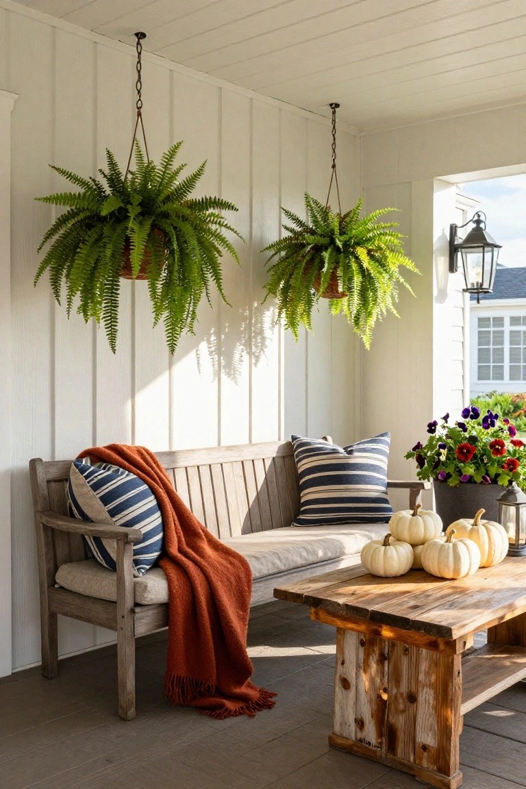 Covered porch with white shiplap walls and ceiling, two hanging ferns in pots, wooden bench with blue striped pillows and orange throw blanket, wooden coffee table holding white pumpkins and a lantern, potted purple pansies nearby, and an exterior wall lantern.