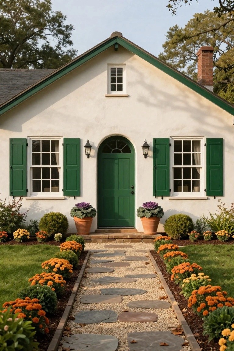 White stucco house with green shutters and arched green front door, flanked by potted purple kale plants, stone pathway lined with orange mum beds and gravel edging in a front yard.