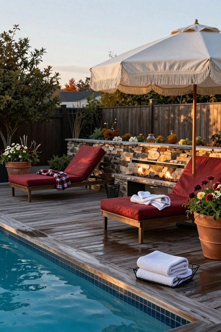 Pool deck beside a turquoise pool featuring two red chaise lounges with cushions and blankets, a built-in linear gas fire pit in a stone wall, white towels in a basket, potted plants, and a white fringed umbrella at dusk.