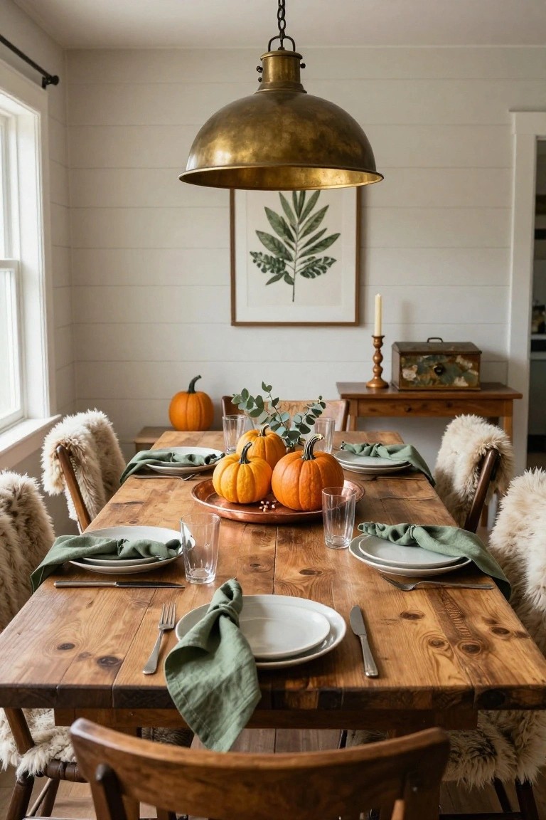 Rustic wooden dining table centered with a copper tray holding small pumpkins and eucalyptus, set with green napkins and white plates, surrounded by sheepskin chairs in a white shiplap-walled room.