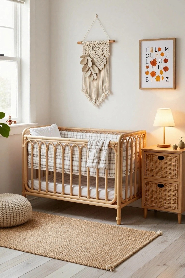 Arched rattan crib with plaid and white bedding in a neutral nursery with macrame leaf wall hanging, fall leaf alphabet poster, lamp on woven nightstand, plant on windowsill, and seagrass pouf and rug on light floor.