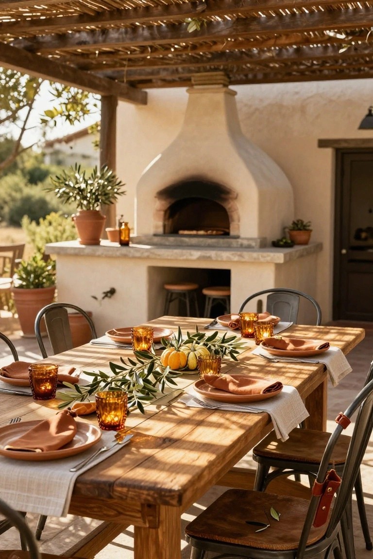 Outdoor wooden dining table set for fall with terracotta plates, amber glassware, olive branches, small pumpkins, and linen napkins under a pergola near a white wood-fired oven and potted plants.