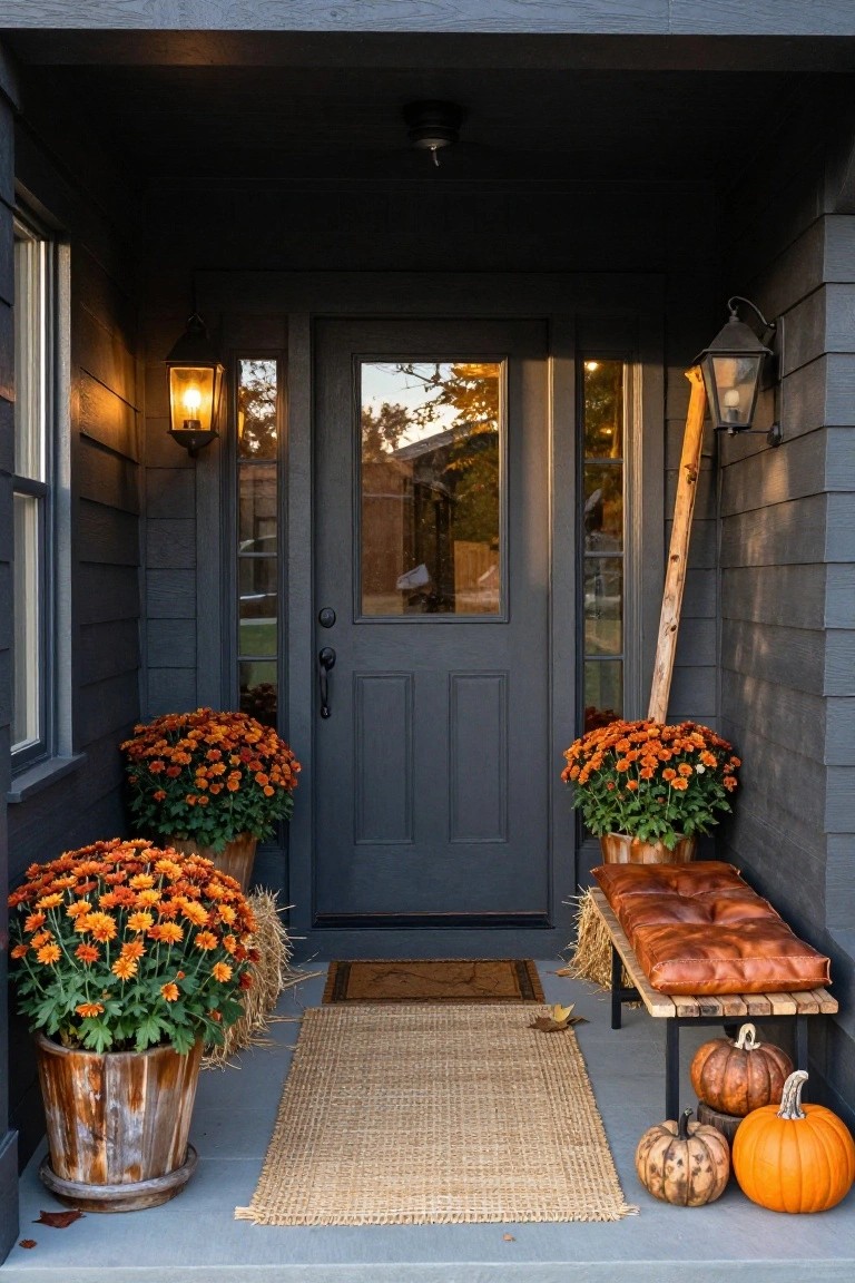 Dark gray front door on a black shiplap porch flanked by large pots of orange chrysanthemums in wooden buckets, with hay bales, a leather-topped wooden bench holding pumpkins, wall lanterns, and a seagrass runner on the concrete porch.