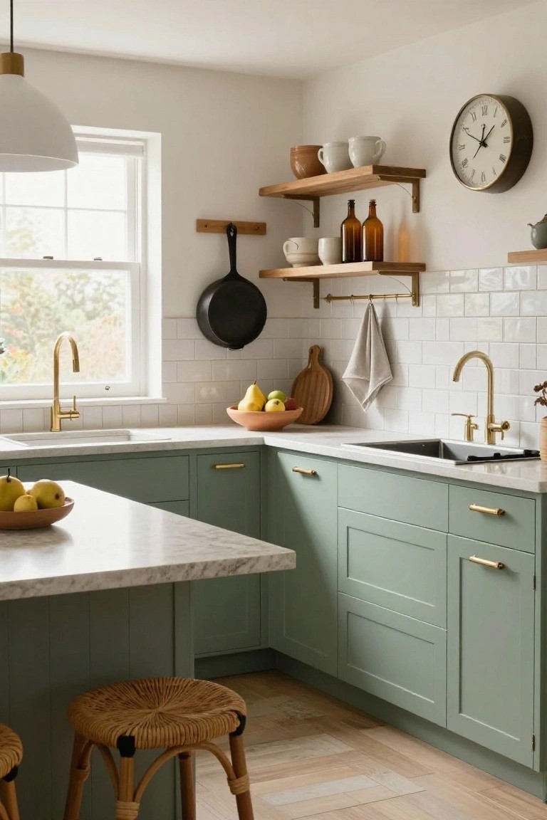 Kitchen featuring sage green lower cabinets, white subway tile backsplash, gold brass faucet and hardware, white marble countertop with wooden bowl of pears and apples, wooden open shelves with pottery and bottles, rattan stools, and clock on wall.
