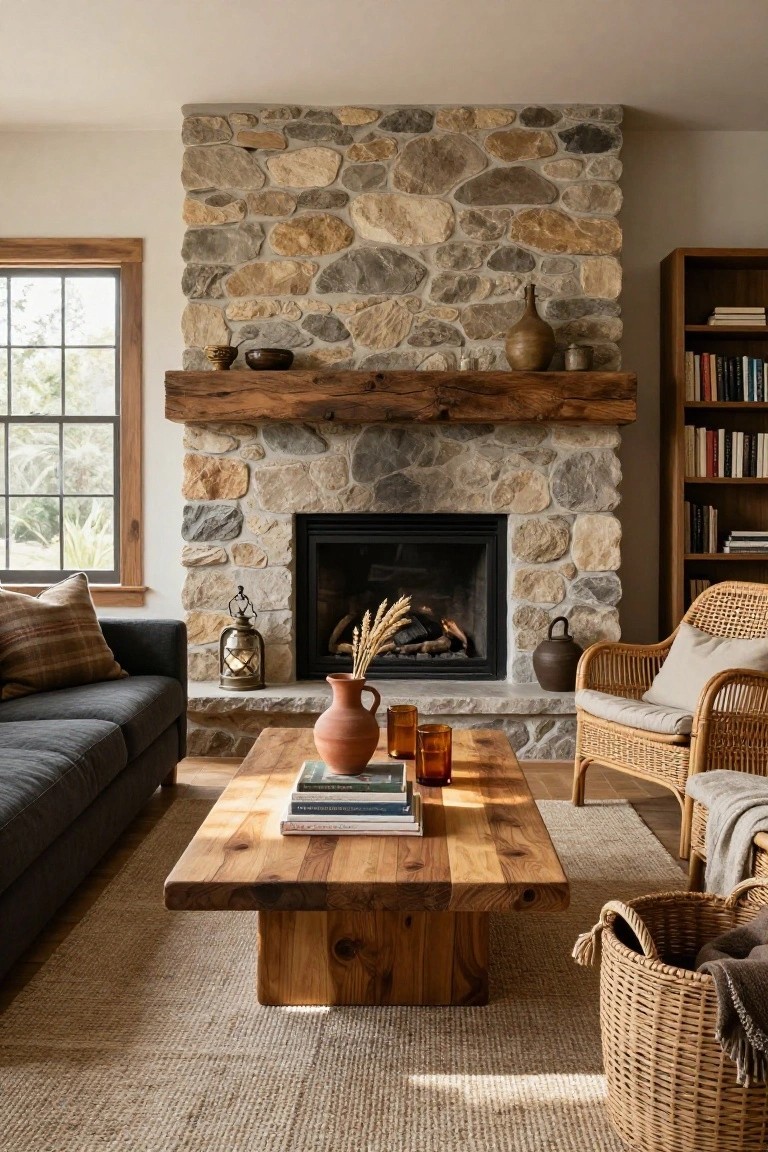 Living room interior with tall irregular stone fireplace and wooden beam mantel, gas fire lit with wheat sheaf and pottery on hearth, gray sofa, wooden coffee table, wicker chair, bookshelves, and seagrass rug.