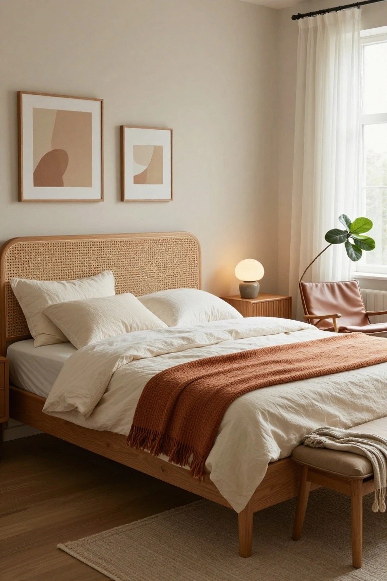 Bedroom with rattan cane headboard on wooden bed frame, white linen bedding topped by orange terracotta throw blanket, wooden nightstand with white lamp, brown leather armchair, potted plant, abstract beige artwork, and sheer curtains on window.