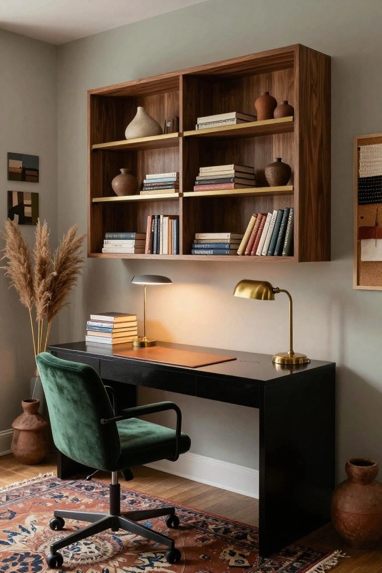Home office with walnut built-in bookshelves above a black desk, green velvet chair, brass desk lamps, stacks of books, pottery vases, pampas grass, and a patterned rug on sage green walls.