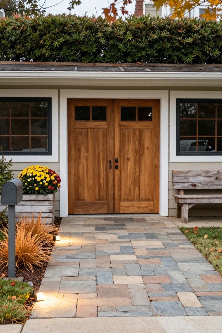Detached garage with double vertical-paneled wooden doors featuring glass windows, white trim and flanking windows, paver stone pathway with integrated lights leading to the doors, potted yellow chrysanthemums by a mailbox, wooden bench, and orange grasses in fall landscaping.