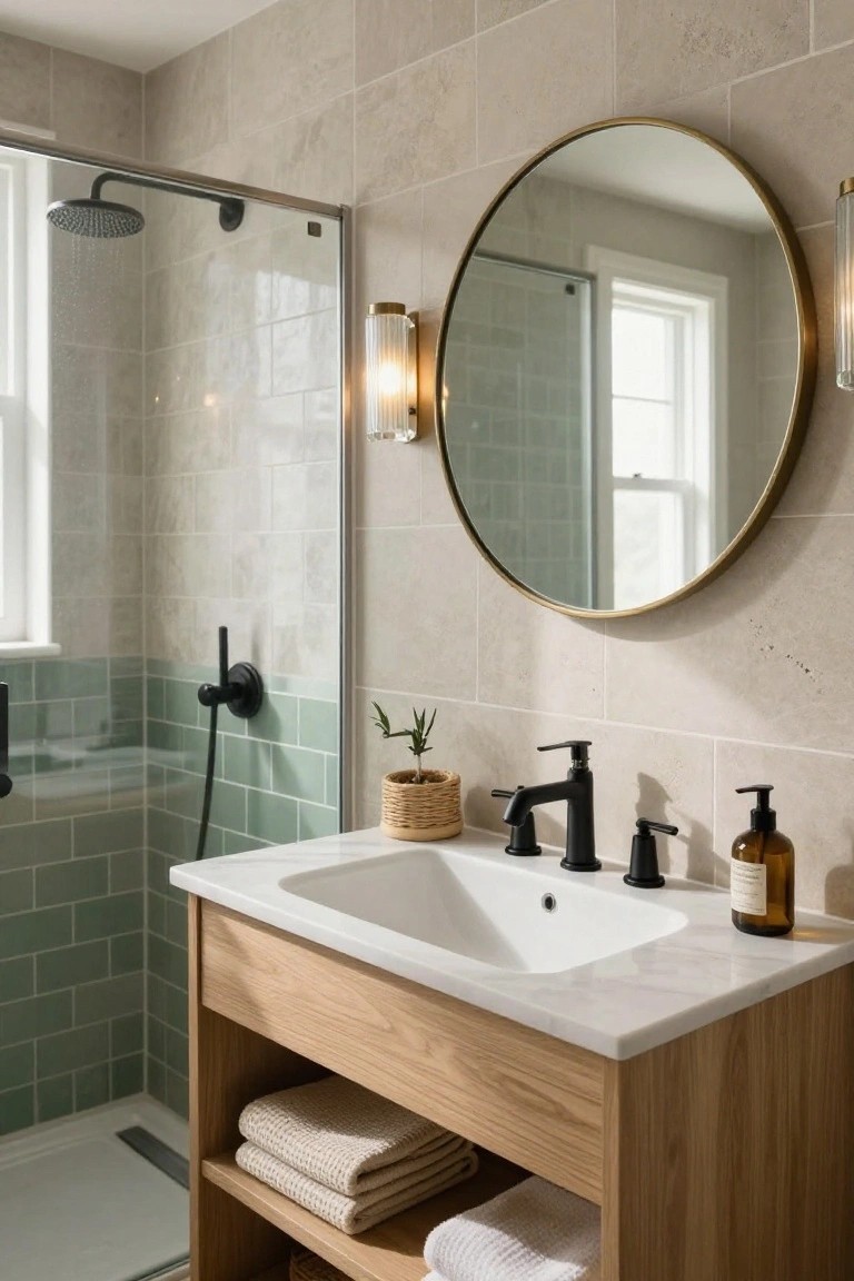 Modern bathroom with oak wood vanity cabinet holding white undermount sink, black faucet, green subway tiles on lower wall, round brass mirror, glass shower enclosure, and beige wall tiles.