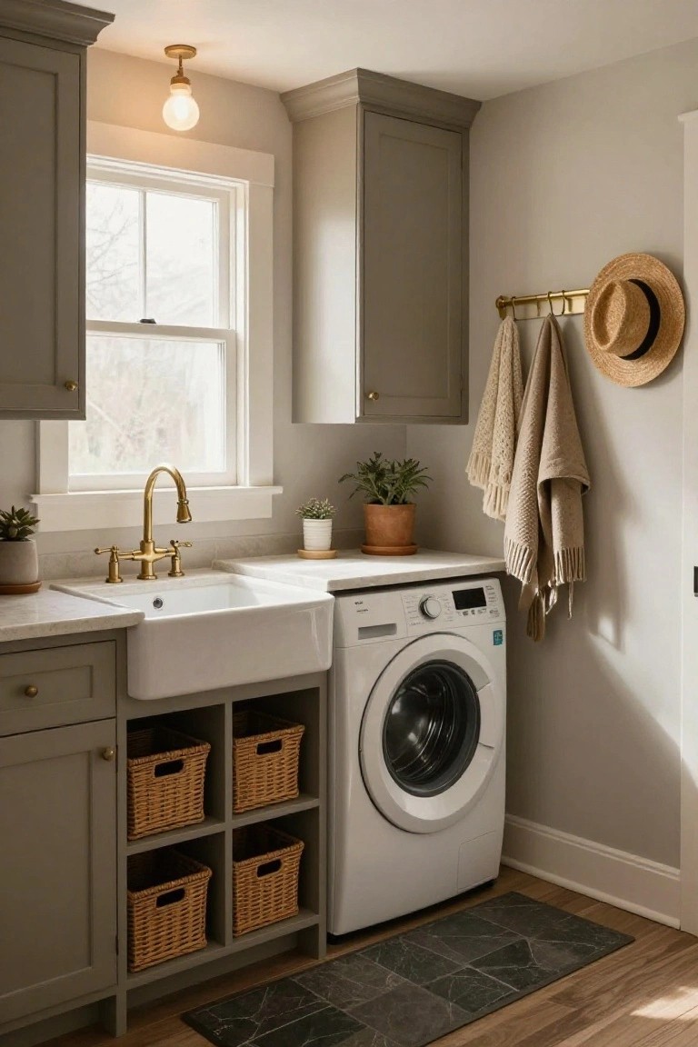 Laundry room featuring greige cabinets, white farmhouse sink with gold faucet, white front-load washer, open lower shelving with four woven baskets, hanging beige towels and straw hat on gold hooks, potted plants on counter, and window with natural light.
