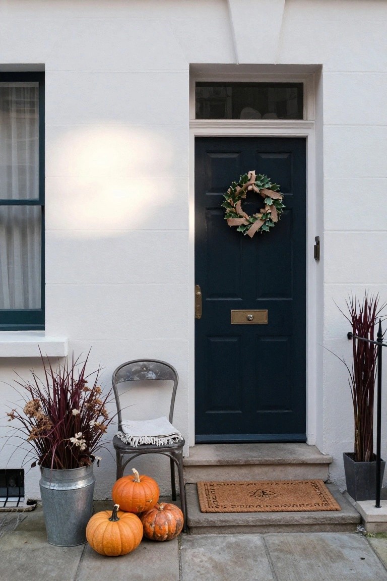 White stucco house facade with dark blue front door and holly wreath, silver metal chair with white throw on porch stoop, clusters of orange pumpkins on steps, potted grasses nearby, and patterned doormat.