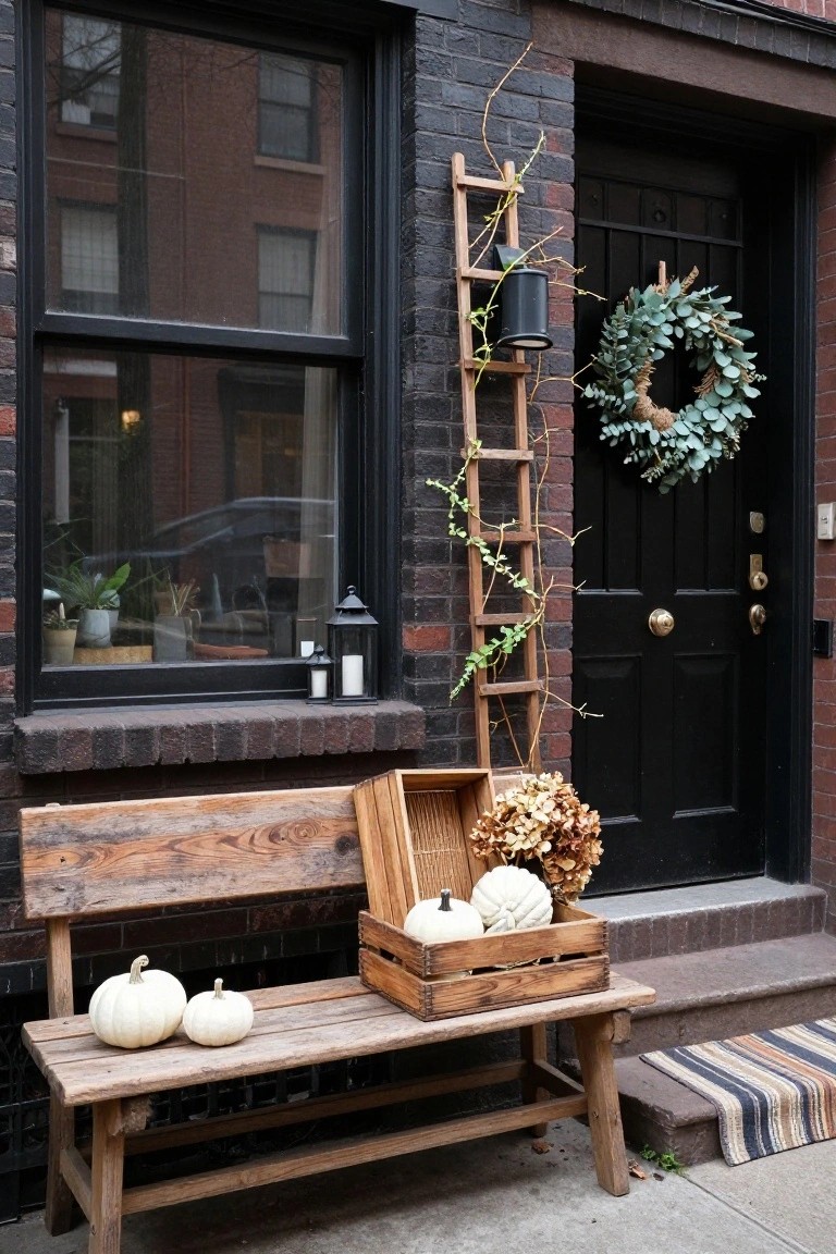 Brick rowhouse exterior featuring a black front door with eucalyptus wreath, ivy-covered wooden ladder with lantern, plants on window sill, and rustic wooden bench on stoop displaying white pumpkins and wooden crate with more pumpkins and dried hydrangeas.