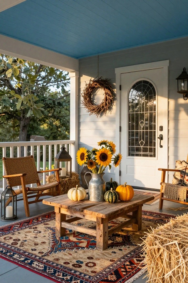 Front porch with blue ceiling, gray siding, white railing, arched glass door with wheat wreath, two wicker chairs flanking a low wooden table holding pumpkins, sunflowers in metal bucket, hay bales, lanterns, and rugs on the floor.
