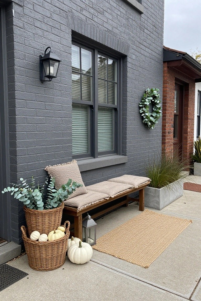 Gray brick house facade with black window frames and a red front door, featuring a wooden bench with beige cushions and eucalyptus, white pumpkins in stacked wicker baskets, a concrete planter with grass, a beige rug, lantern, and green wreath on the door.