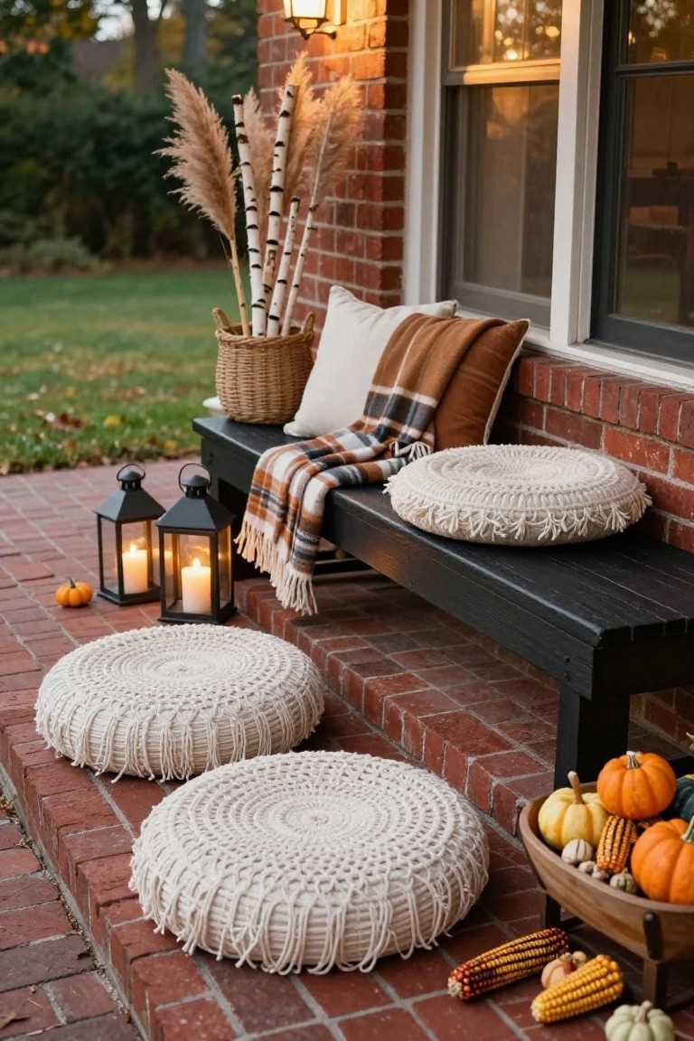 Brick front porch steps with two white macrame poufs, a black wooden bench topped with pillows and a plaid blanket, lanterns, pumpkins in a basket, corn stalks, and pampas grass in a wicker basket.