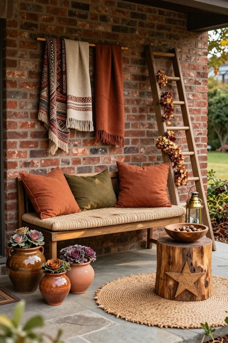 Brick wall front porch with wooden ladder holding fall garlands and hanging patterned throws, bench piled with orange and green pillows, potted kale plants, wooden stool topped with nut bowl, brass lantern, and round seagrass rug on slate pavers.