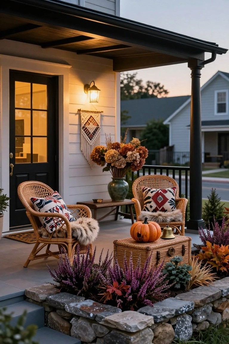 Front porch featuring two rattan chairs with patterned pillows and fur throws on a wooden bench, a carved pumpkin on a wicker trunk, potted greenery, fall flowers in a stone bed, and a black door with lanterns.