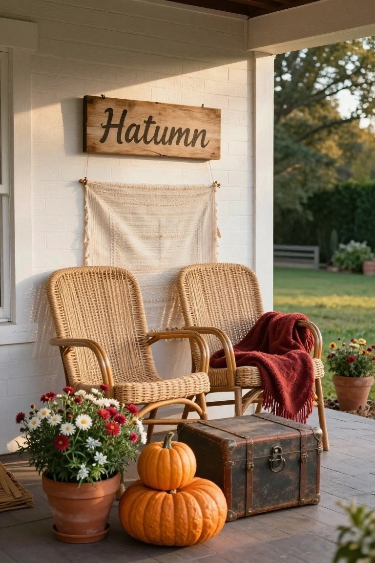 White brick front porch with wooden "Autumn" sign, beige macrame hanging, two tan wicker rocking chairs with red throw blanket on one, potted daisies, stacked orange pumpkins, and vintage metal trunk on the floor.