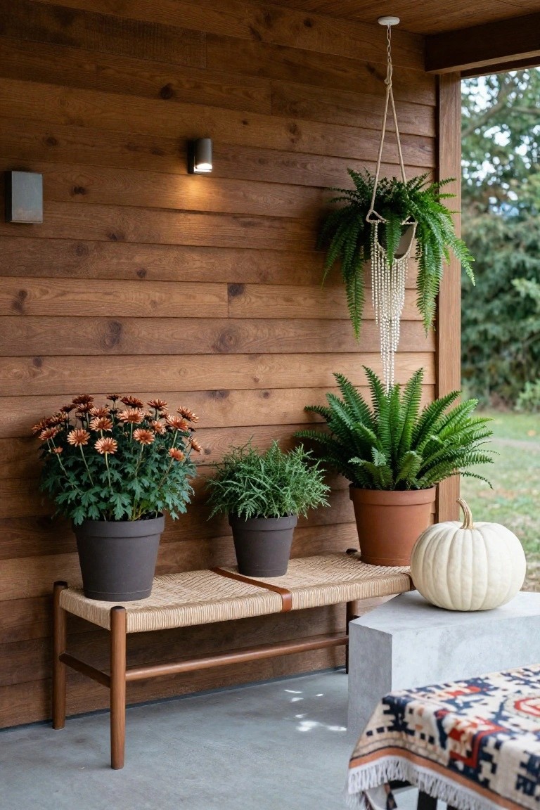 Covered wooden porch wall with black pots of orange chrysanthemums and green ferns, a rattan bench on wood legs, hanging plant, white pumpkin on concrete pedestal, and colorful rug on concrete floor.
