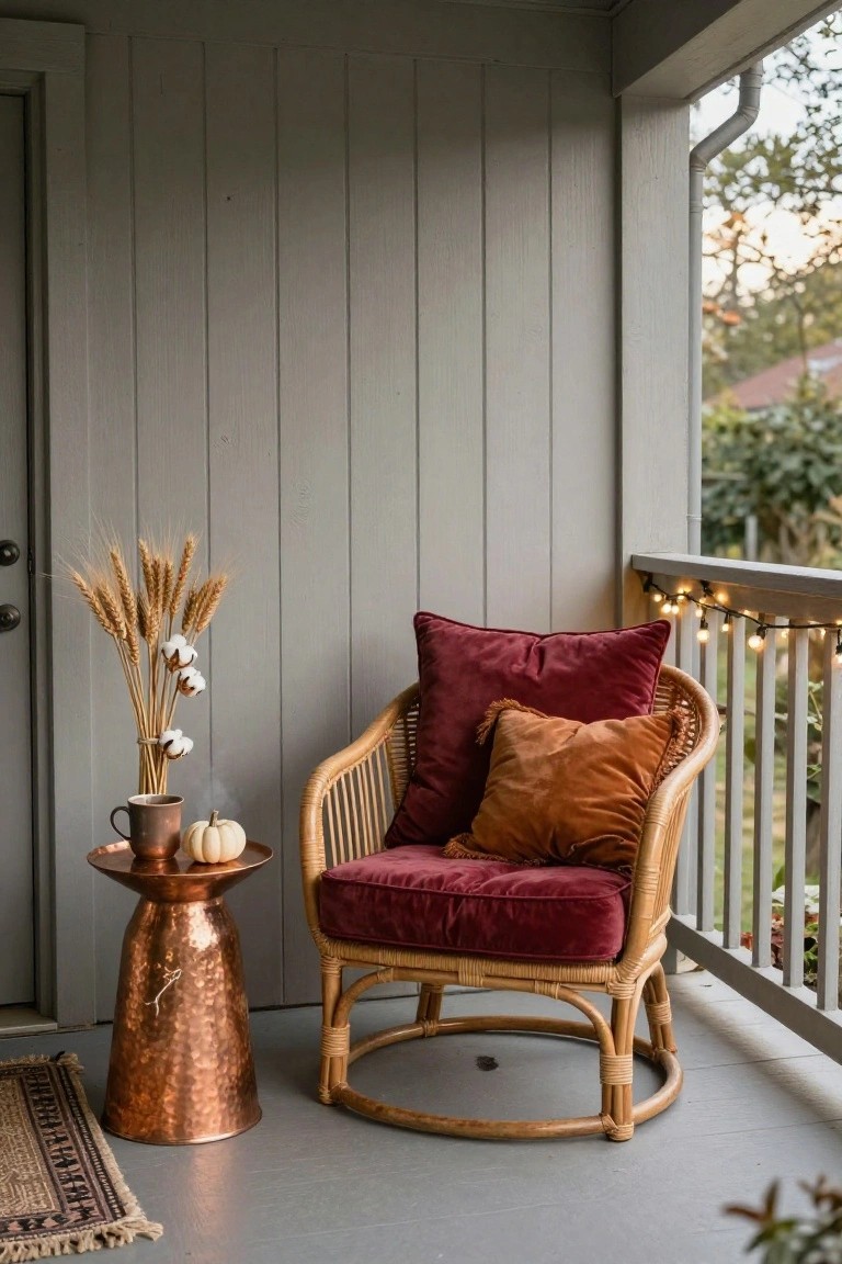 Rattan armchair with maroon and rust velvet pillows on a gray wood porch, copper side table with white pumpkin and mug nearby, wheat and cotton boll arrangement, string lights on white railing.