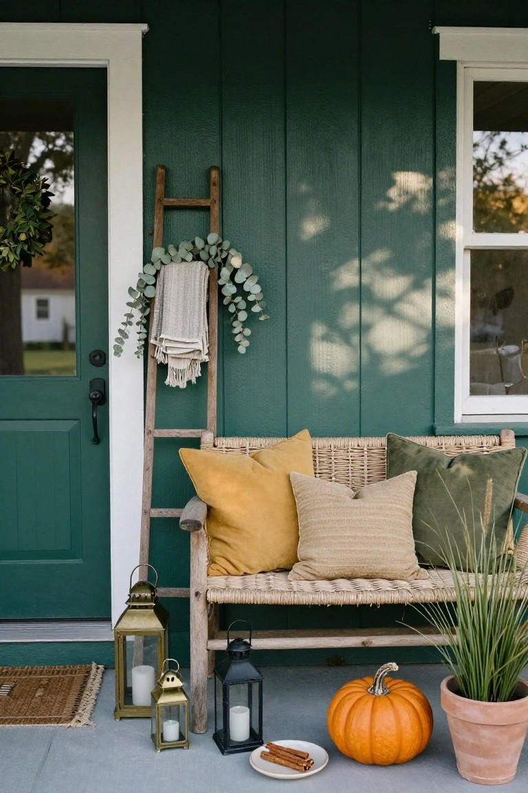 Green clapboard house front porch featuring a rattan bench with yellow, tan, beige, and green pillows, wooden ladder with draped towel and eucalyptus garland, brass and black lanterns, pumpkin, potted grass plant, and plate of cinnamon sticks on the concrete porch.