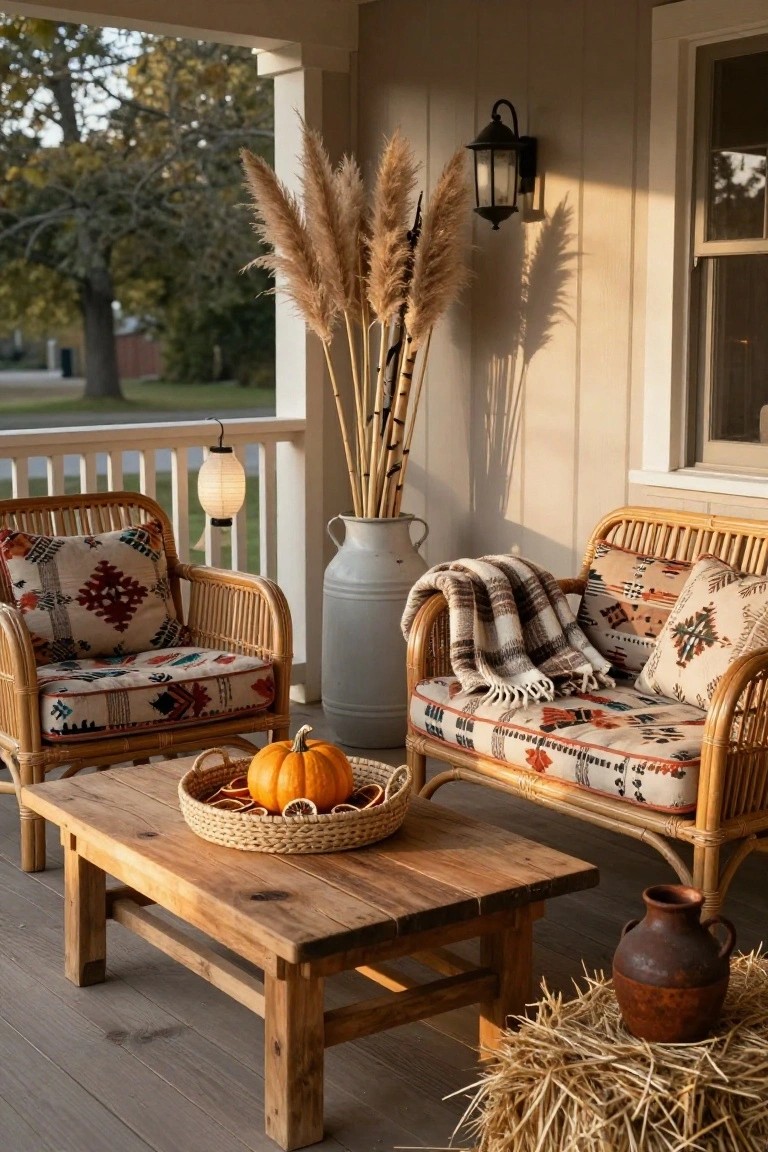 Front porch with two rattan armchairs featuring patterned cushions and a plaid throw on one, around a low wooden coffee table with a pumpkin in a woven basket, tall pampas grass stalks, a metal milk jug, hanging lantern, hay bale, and terracotta pot.