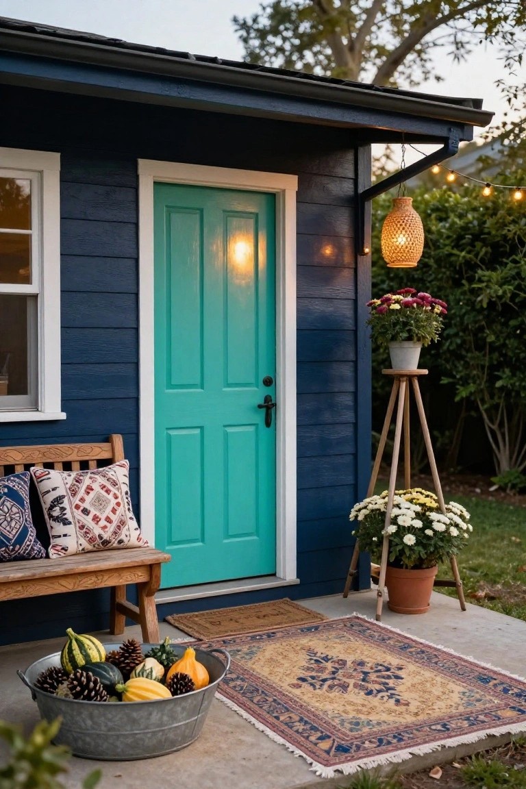 Turquoise door on blue house with autumn decor and patterned rugs.