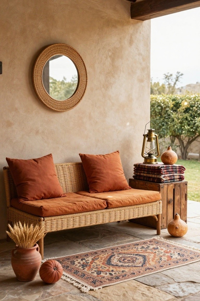 Woven rattan loveseat with burnt orange cushions on a porch, beside a wooden crate table with plaid blankets and a brass lantern, pumpkins and wheat stalks on a patterned rug against beige stucco walls with a round rattan mirror.