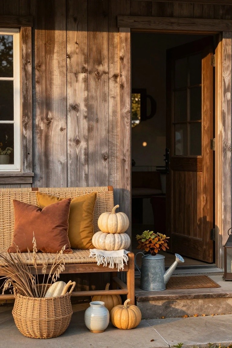 Front porch of a wooden cabin with open door, rattan loveseat topped with rust and yellow pillows and stacked white pumpkins, dried grasses in a wicker basket nearby, metal watering can, potted plant, and orange pumpkins on the steps.
