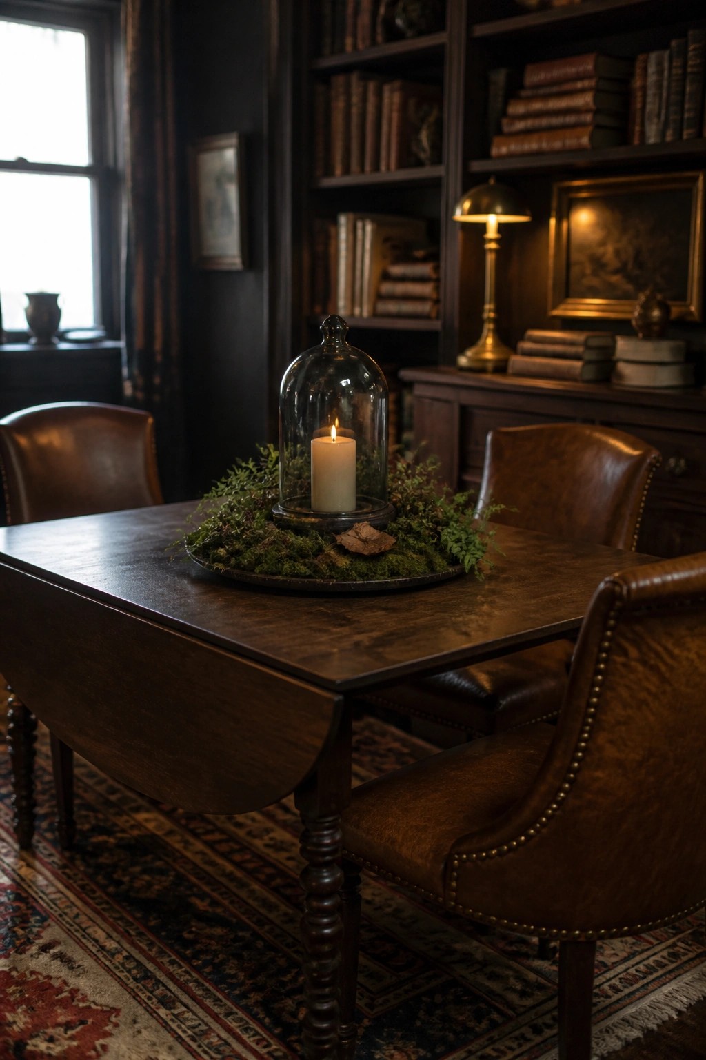 A lit white candle sits inside a glass cloche on a mossy tray at the center of a dark wooden table, with leather chairs and bookshelves visible in the background.