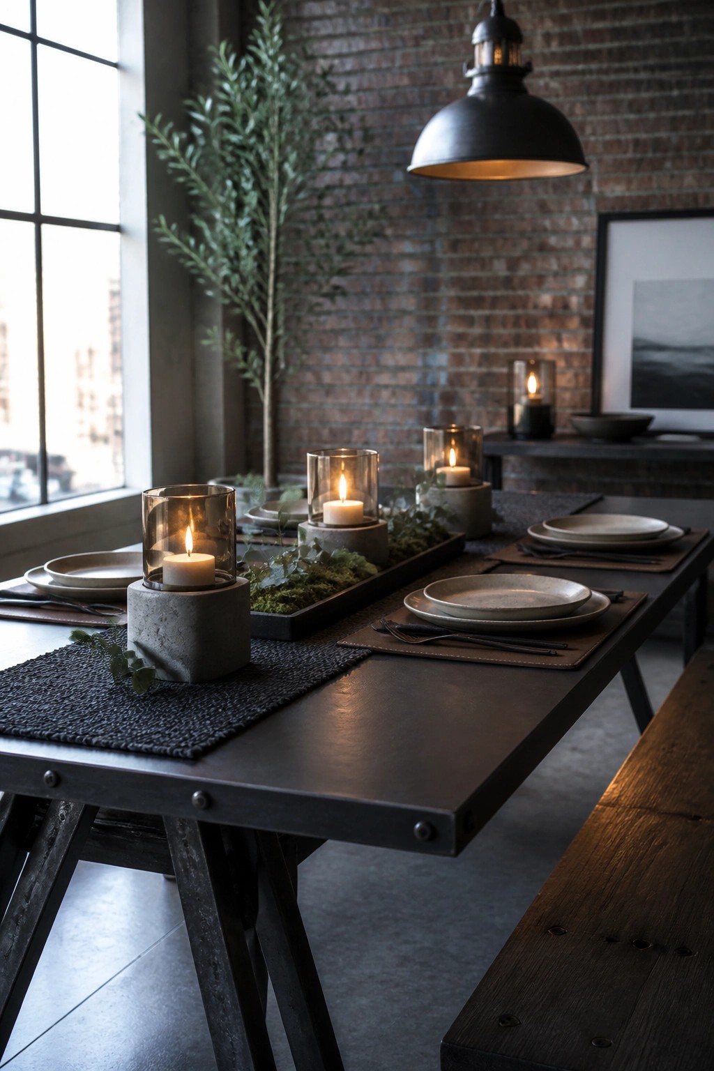 Rustic dining table with ceramic plates, cutlery, and glowing candles on concrete holders.