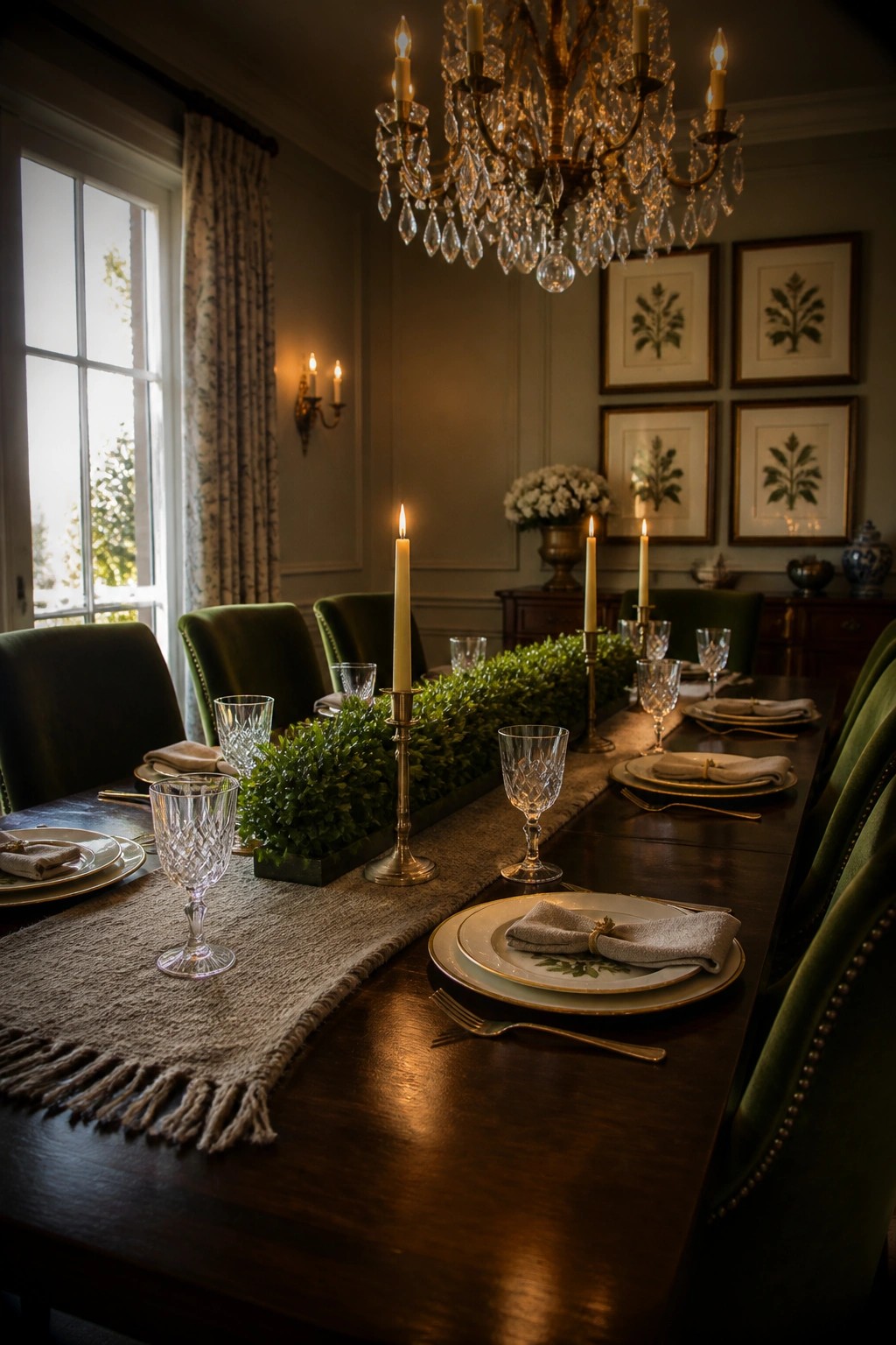 Elegant candlelit dining table with green velvet chairs, crystal glasses, and chandelier.