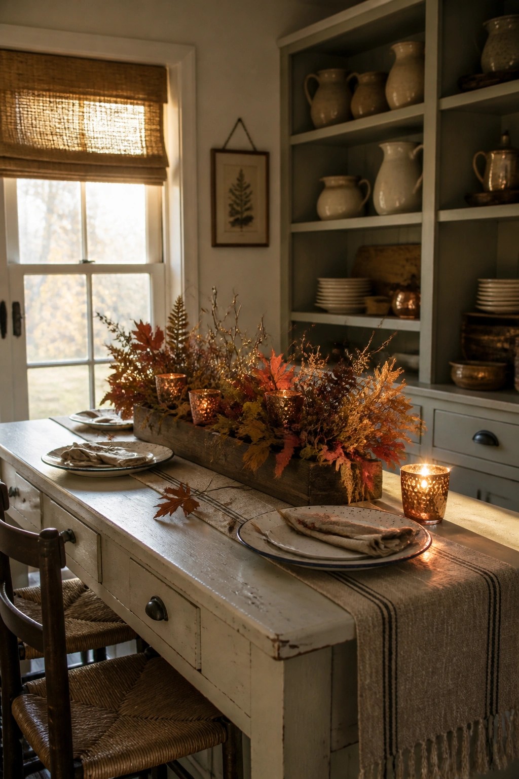 A long wooden box filled with autumn leaves and lit candles sits as a centerpiece on a white farmhouse dining table with place settings.