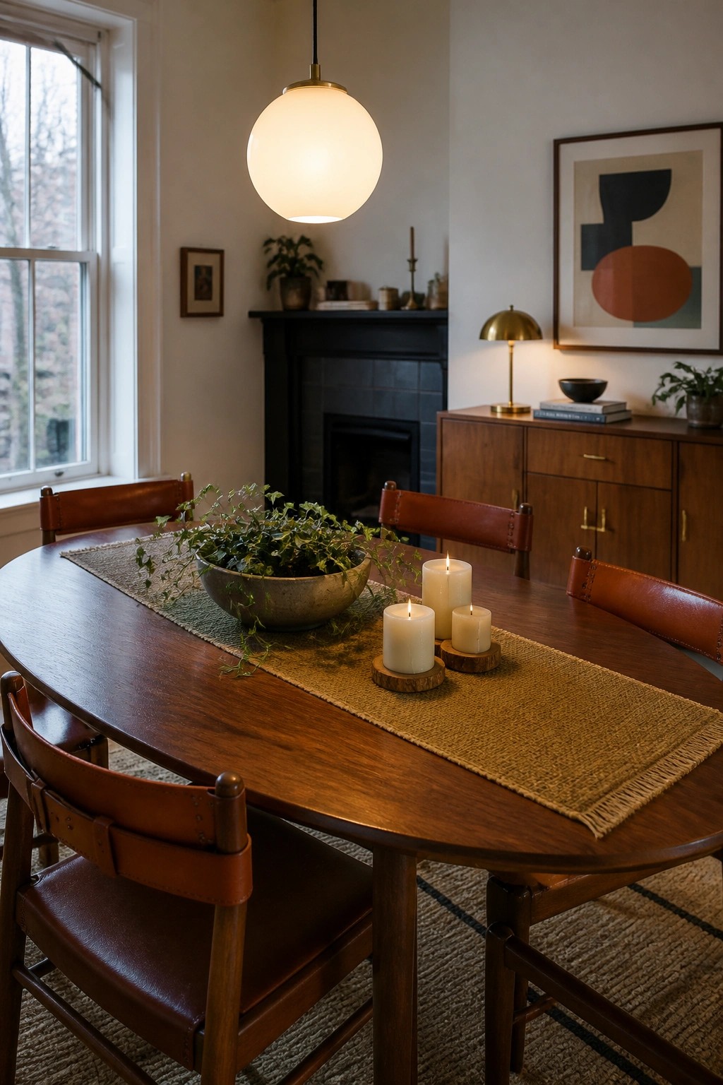 A wooden dining table with a burlap runner holding three lit candles and a large bowl of trailing greenery, surrounded by leather chairs in a room with a fireplace.