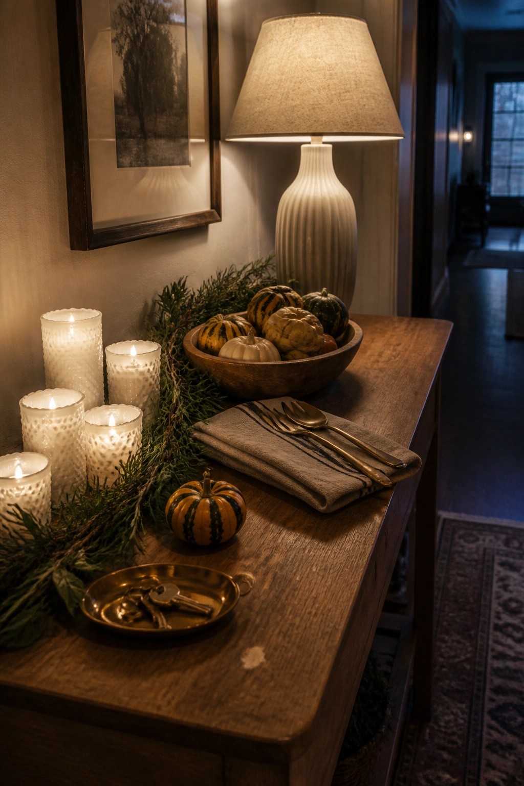 A wooden entry table holds several lit white pillar candles, a wooden bowl of small pumpkins and gourds, scattered greenery, and a folded napkin with utensils.